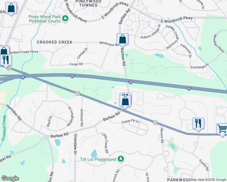 map of restaurants, bars, coffee shops, grocery stores, and more near 3109 Dunnock Drive in Durham