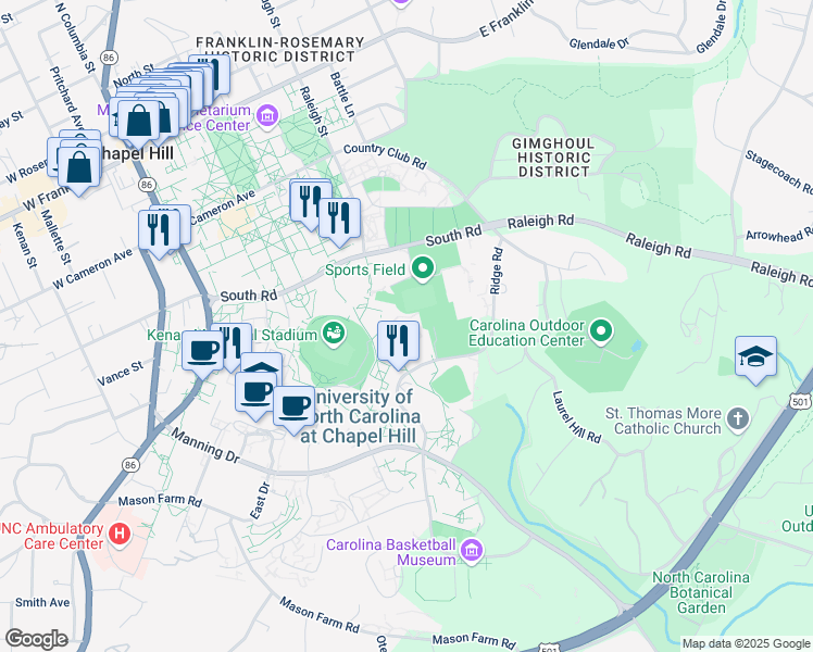 map of restaurants, bars, coffee shops, grocery stores, and more near 106 Stadium Drive in Chapel Hill