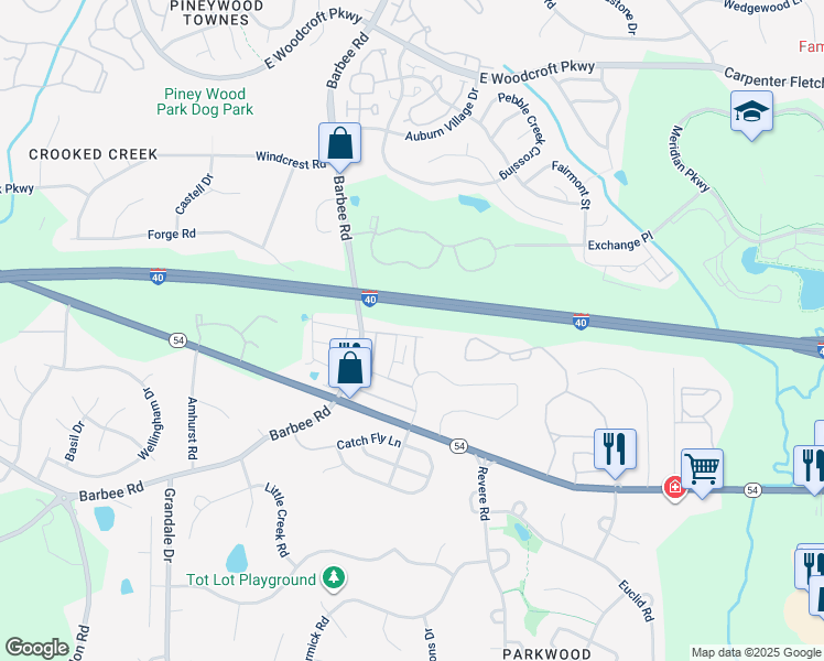 map of restaurants, bars, coffee shops, grocery stores, and more near 1215 Nightshade Drive in Durham