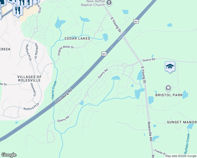 map of restaurants, bars, coffee shops, grocery stores, and more near 1006 Rolesville Road in Wake Forest