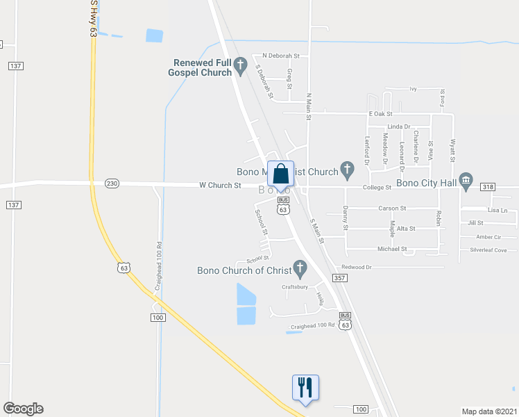 map of restaurants, bars, coffee shops, grocery stores, and more near 305 West College Street in Bono