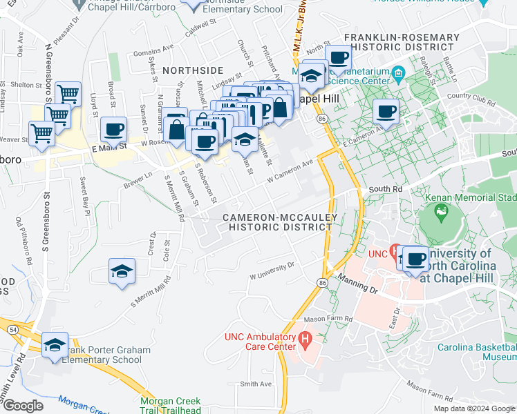 map of restaurants, bars, coffee shops, grocery stores, and more near 419 West Patterson Place in Chapel Hill