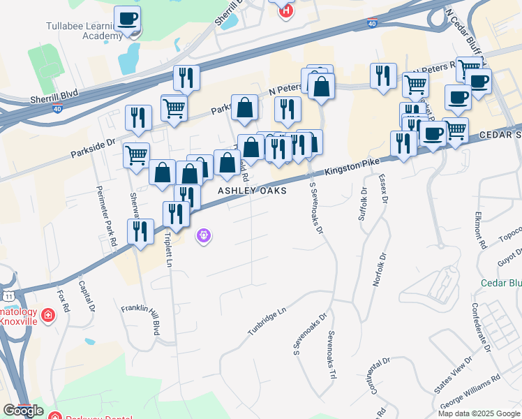map of restaurants, bars, coffee shops, grocery stores, and more near 9523 Hidden Oak Way, in Knoxville