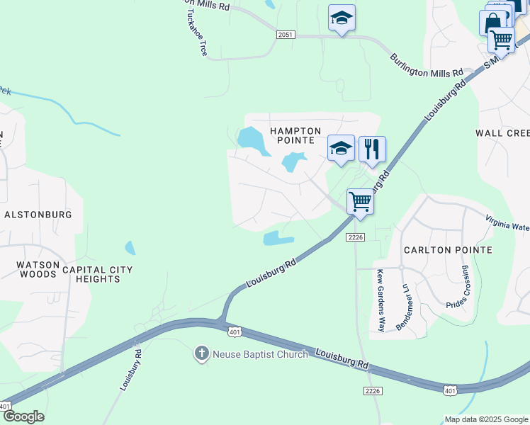 map of restaurants, bars, coffee shops, grocery stores, and more near Jersey Pine Drive in Rolesville