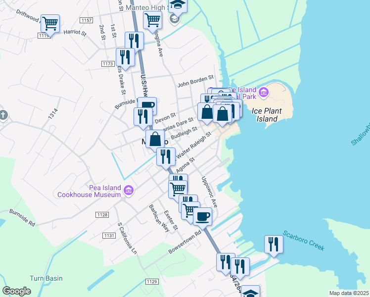 map of restaurants, bars, coffee shops, grocery stores, and more near 319 Sir Walter Raleigh Street in Manteo