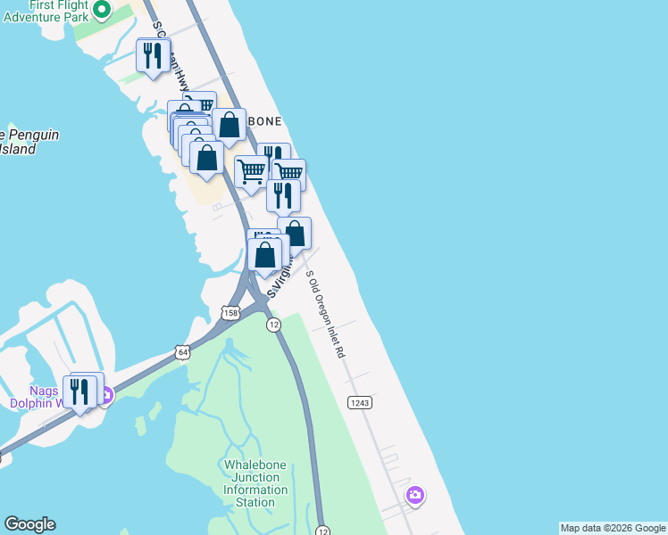 map of restaurants, bars, coffee shops, grocery stores, and more near 8001A- Old Oregon Inlet Road in Nags Head