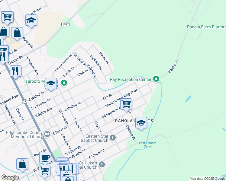 map of restaurants, bars, coffee shops, grocery stores, and more near 1008 Elm Street in Tarboro