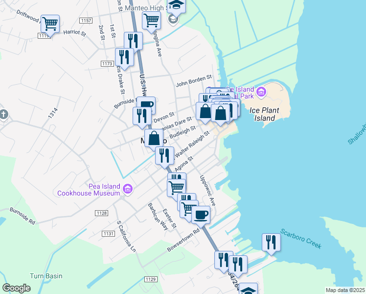 map of restaurants, bars, coffee shops, grocery stores, and more near 319 Sir Walter Raleigh Street in Manteo