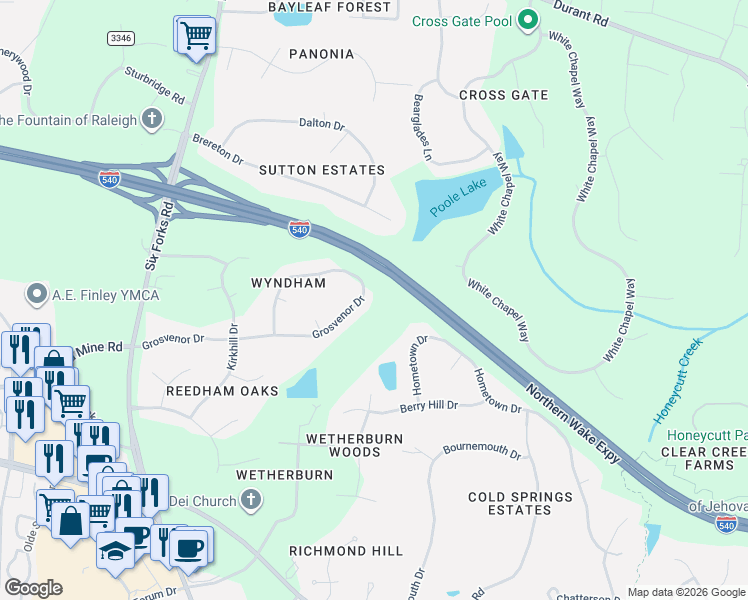 map of restaurants, bars, coffee shops, grocery stores, and more near 424 Grosvenor Drive in Raleigh