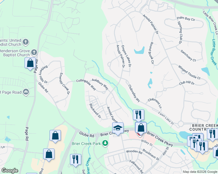map of restaurants, bars, coffee shops, grocery stores, and more near 11565 Auldbury Way in Raleigh