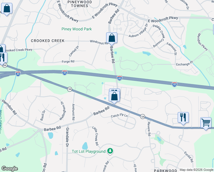 map of restaurants, bars, coffee shops, grocery stores, and more near Interstate 40 in Durham