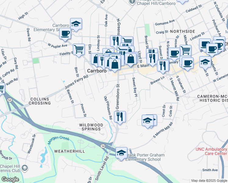 map of restaurants, bars, coffee shops, grocery stores, and more near 400 South Greensboro Street in Carrboro