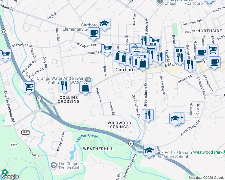 map of restaurants, bars, coffee shops, grocery stores, and more near 211 Bim Street in Carrboro