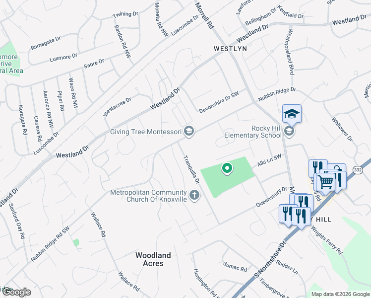 map of restaurants, bars, coffee shops, grocery stores, and more near 7724 Nubbin Ridge Road Southwest in Knoxville