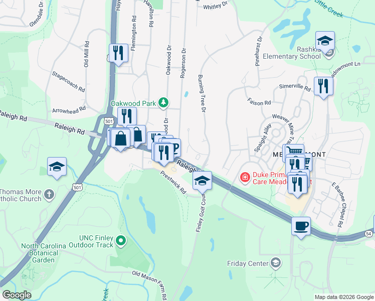 map of restaurants, bars, coffee shops, grocery stores, and more near 703 Oak Tree Drive in Chapel Hill