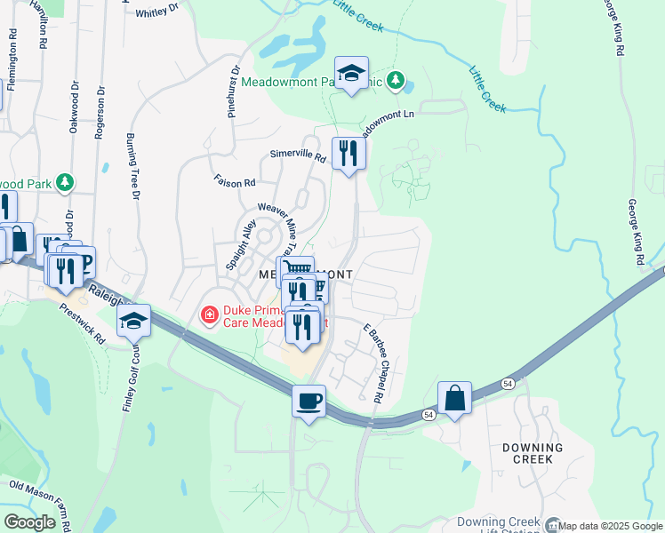 map of restaurants, bars, coffee shops, grocery stores, and more near 225 Meadowmont Lane in Chapel Hill