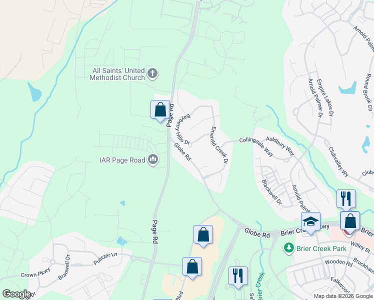 map of restaurants, bars, coffee shops, grocery stores, and more near 9813 Crooked Tree Lane in Raleigh