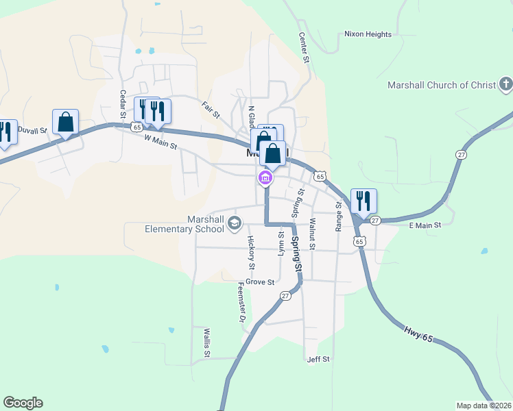 map of restaurants, bars, coffee shops, grocery stores, and more near 300-306 South Glade Street in Marshall