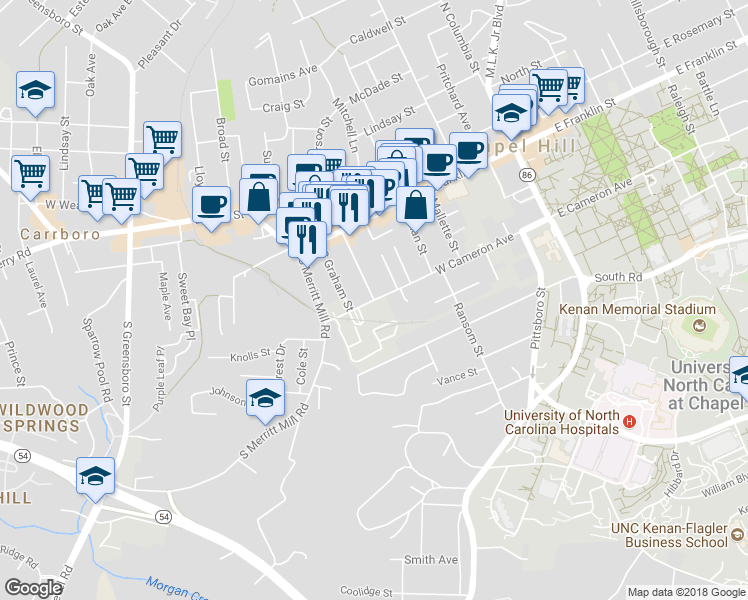 map of restaurants, bars, coffee shops, grocery stores, and more near South Roberson Street in Chapel Hill