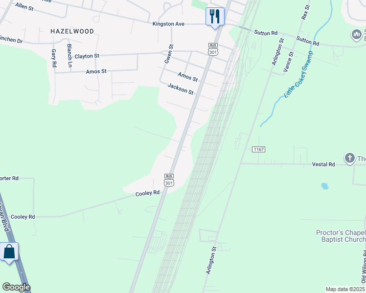 map of restaurants, bars, coffee shops, grocery stores, and more near Ellen Street in Rocky Mount