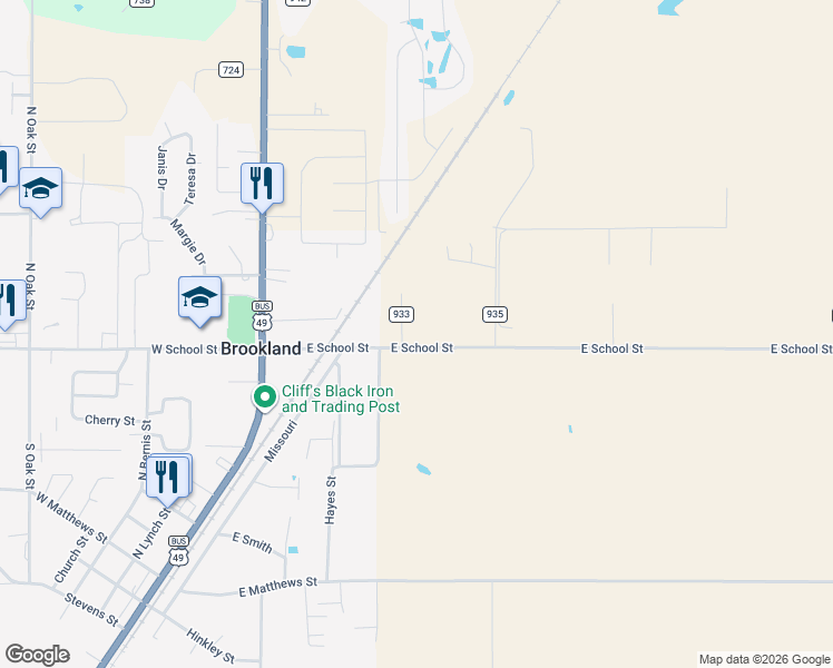 map of restaurants, bars, coffee shops, grocery stores, and more near 72 County Road 933 in Brookland