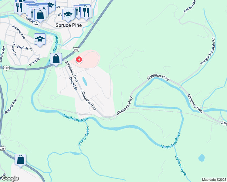 map of restaurants, bars, coffee shops, grocery stores, and more near 374 Overlook Drive in Spruce Pine