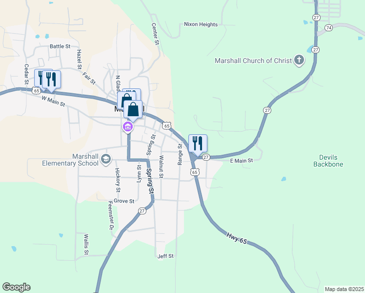 map of restaurants, bars, coffee shops, grocery stores, and more near Main Street in Marshall