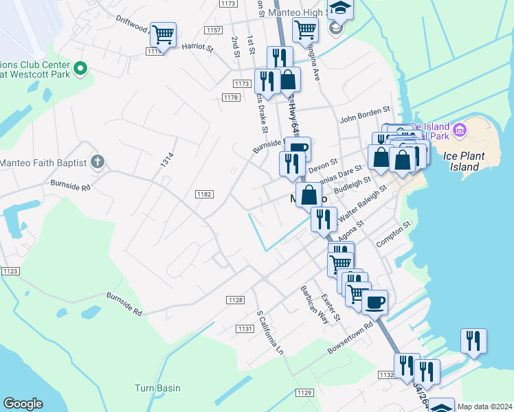 map of restaurants, bars, coffee shops, grocery stores, and more near in Manteo