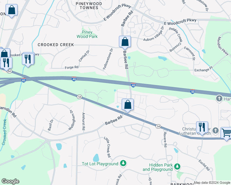 map of restaurants, bars, coffee shops, grocery stores, and more near Interstate 40 in Durham