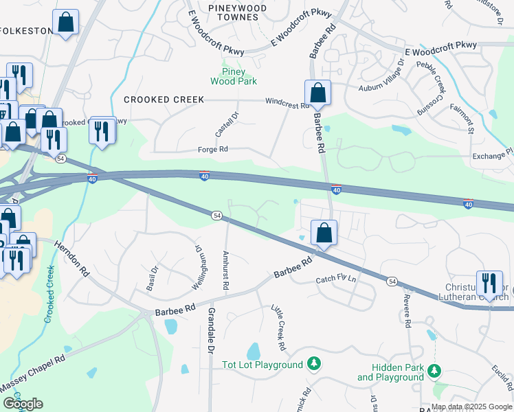 map of restaurants, bars, coffee shops, grocery stores, and more near 6201 Pine Glen Trail in Durham