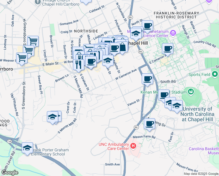 map of restaurants, bars, coffee shops, grocery stores, and more near 428 West Cameron Avenue in Chapel Hill
