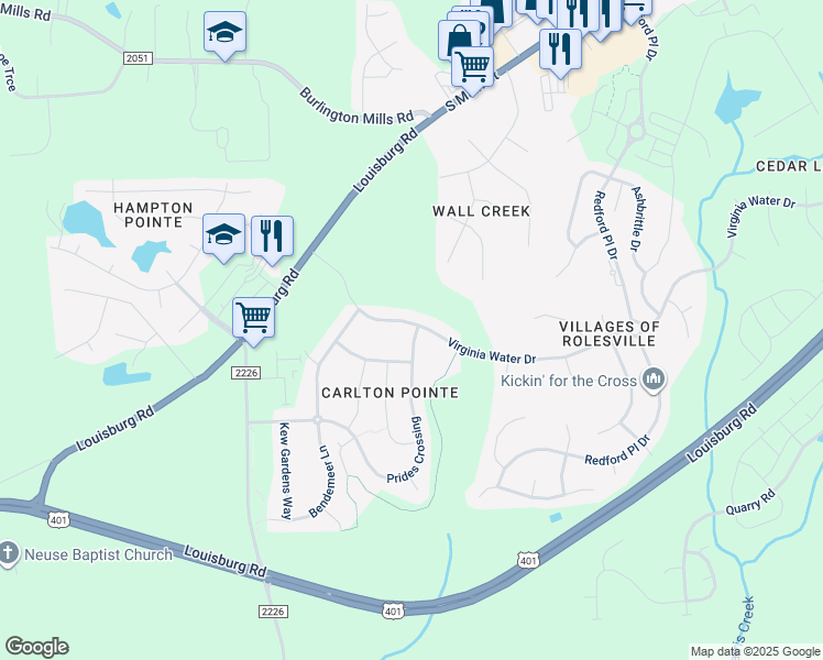 map of restaurants, bars, coffee shops, grocery stores, and more near 138 Virginia Water Drive in Rolesville