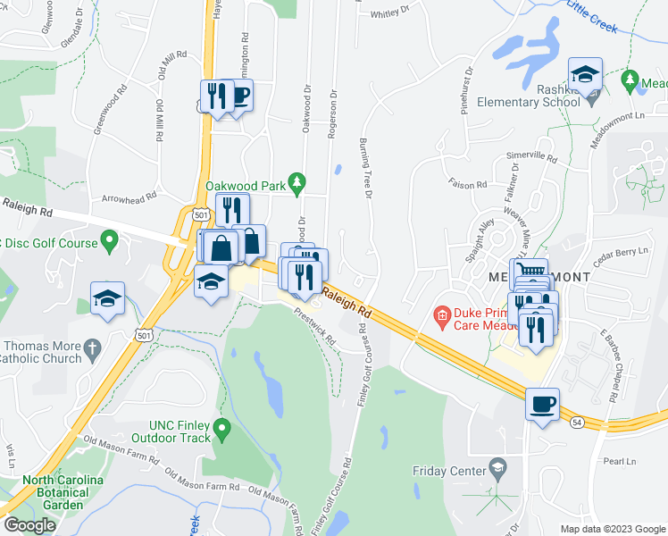 map of restaurants, bars, coffee shops, grocery stores, and more near 701-704 Oak Tree Drive in Chapel Hill