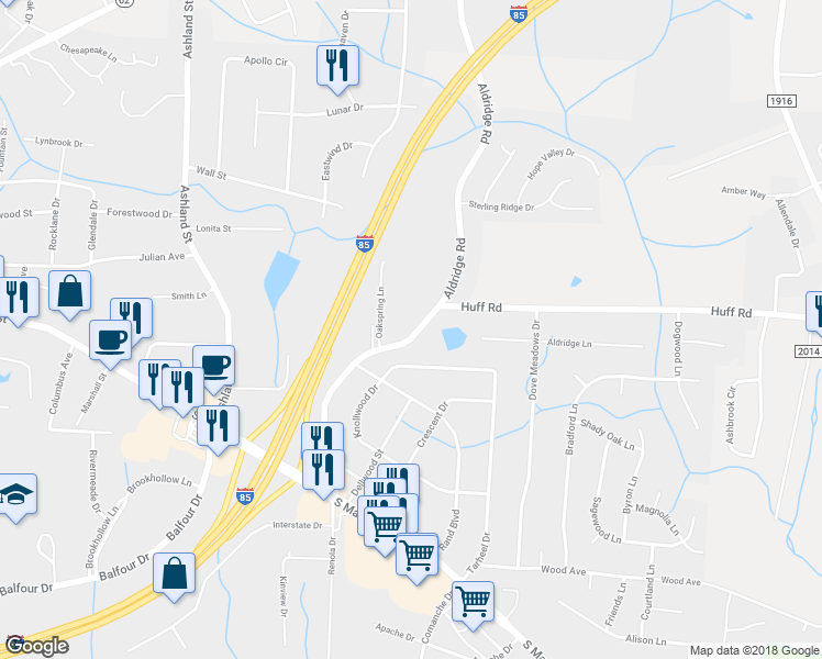 map of restaurants, bars, coffee shops, grocery stores, and more near 313 Aldridge Road in Archdale