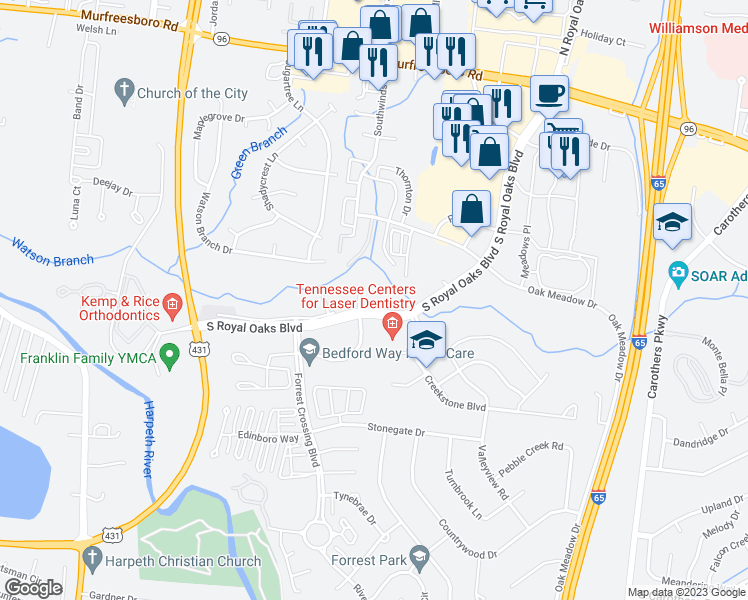 map of restaurants, bars, coffee shops, grocery stores, and more near 303 South Royal Oaks Boulevard in Franklin