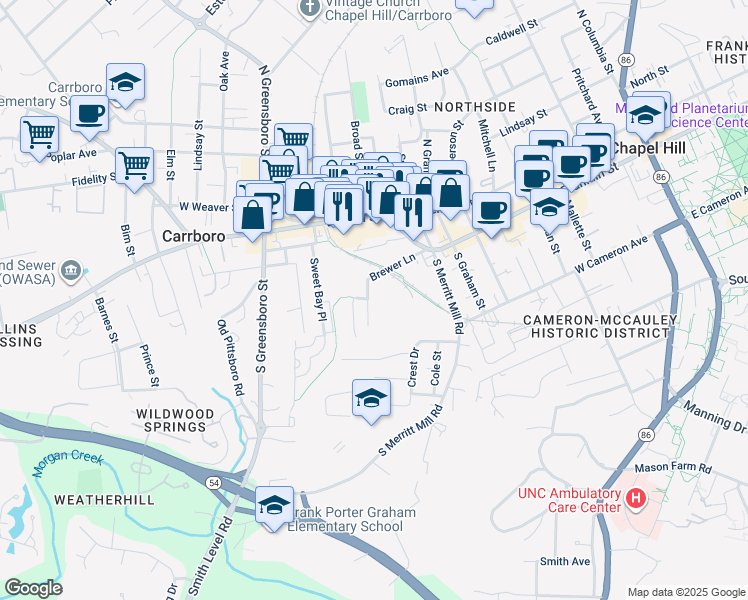 map of restaurants, bars, coffee shops, grocery stores, and more near 103 Hargraves Street in Carrboro
