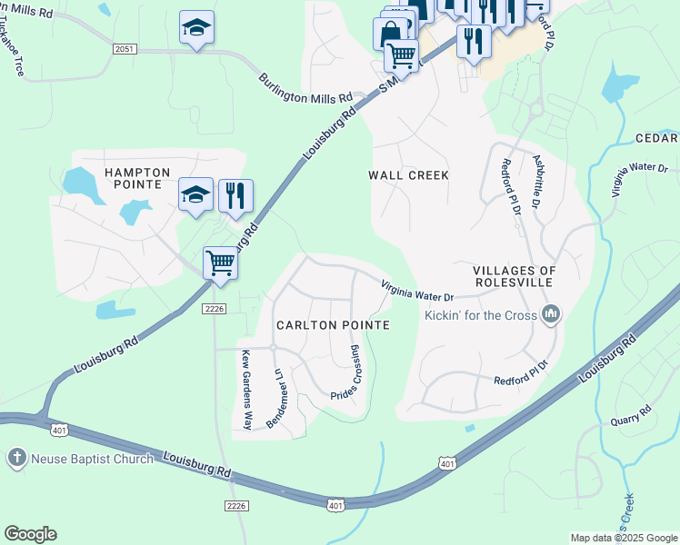 map of restaurants, bars, coffee shops, grocery stores, and more near 126 Virginia Water Drive in Rolesville