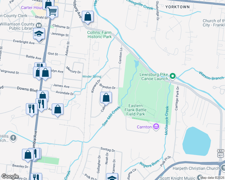 map of restaurants, bars, coffee shops, grocery stores, and more near 1121 Brandon Drive in Franklin