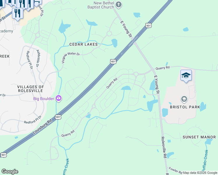 map of restaurants, bars, coffee shops, grocery stores, and more near in Rolesville