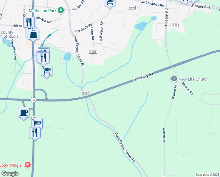 map of restaurants, bars, coffee shops, grocery stores, and more near U.S. Highway 64 in Township of Taylorsville