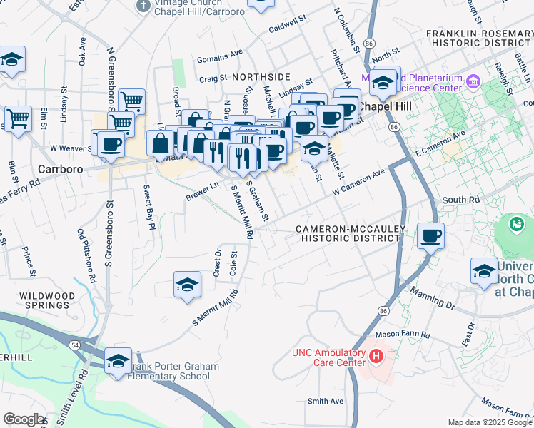 map of restaurants, bars, coffee shops, grocery stores, and more near 129 South Graham Street in Chapel Hill