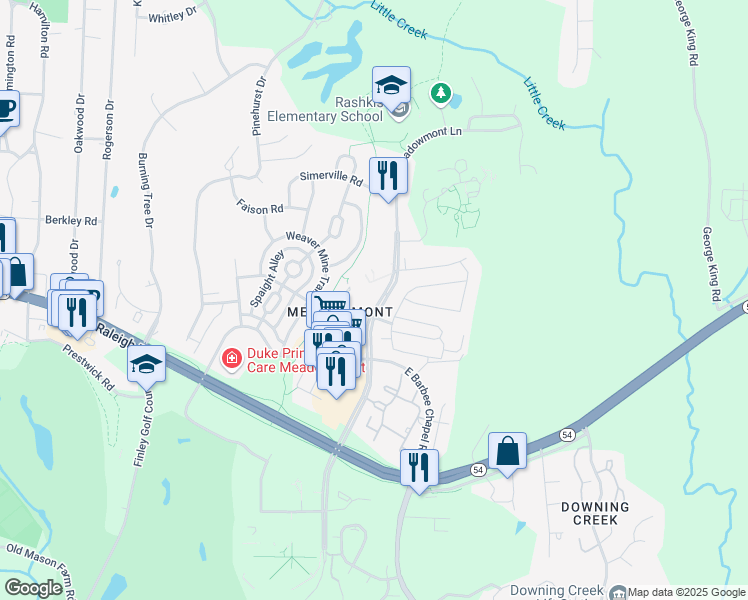 map of restaurants, bars, coffee shops, grocery stores, and more near 223 Meadowmont Lane in Chapel Hill