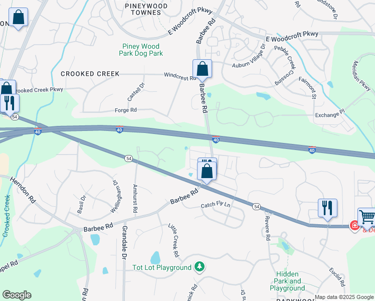 map of restaurants, bars, coffee shops, grocery stores, and more near 3117 Dunnock Drive in Durham