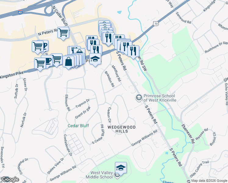 map of restaurants, bars, coffee shops, grocery stores, and more near 9013 Coburn Drive Southwest in Knoxville