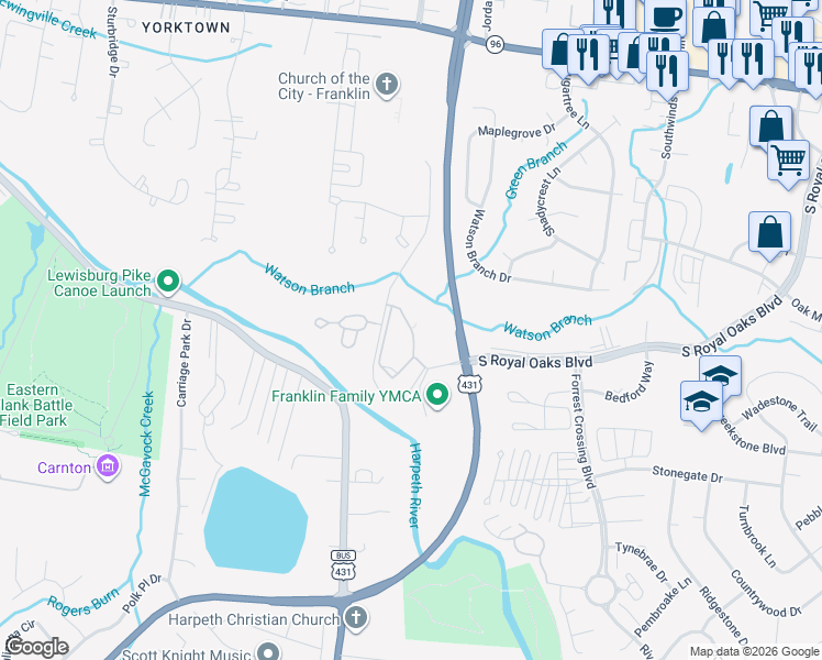 map of restaurants, bars, coffee shops, grocery stores, and more near 1000 Champions Circle in Franklin