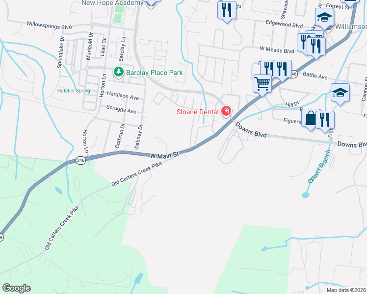 map of restaurants, bars, coffee shops, grocery stores, and more near 1101 Downs Boulevard in Franklin