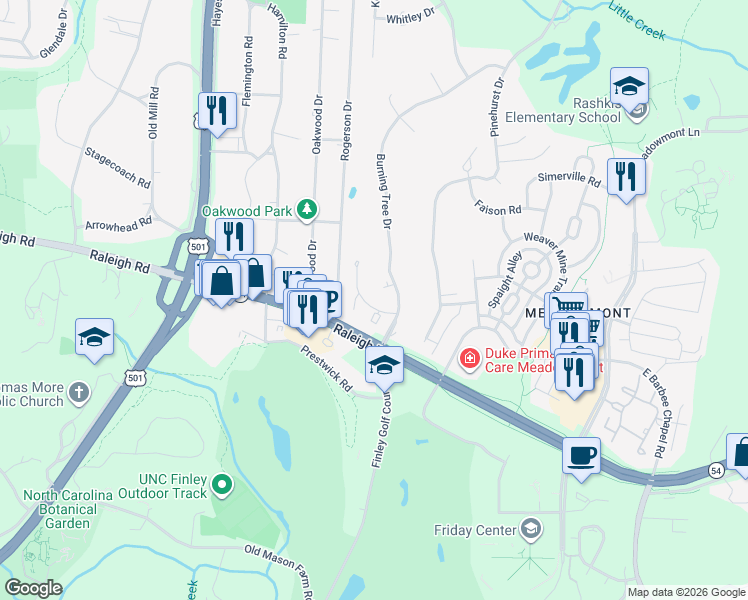 map of restaurants, bars, coffee shops, grocery stores, and more near 1703 Oak Tree Drive in Chapel Hill