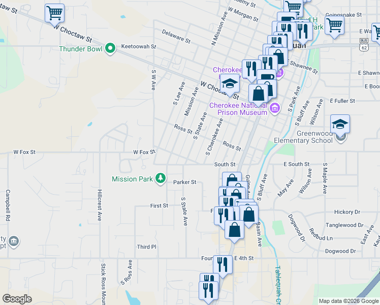 map of restaurants, bars, coffee shops, grocery stores, and more near 548 South State Avenue in Tahlequah