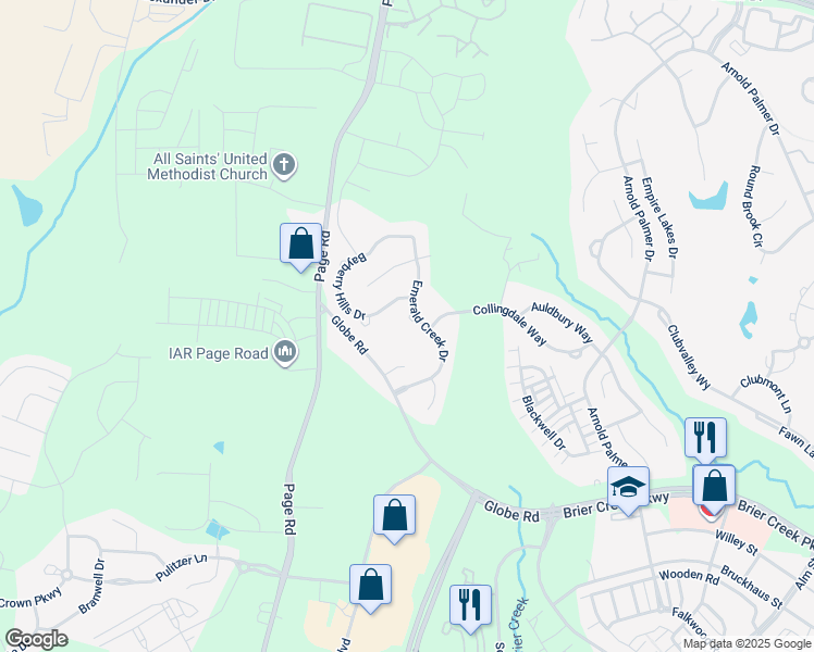 map of restaurants, bars, coffee shops, grocery stores, and more near 11213 Emerald Creek Drive in Raleigh