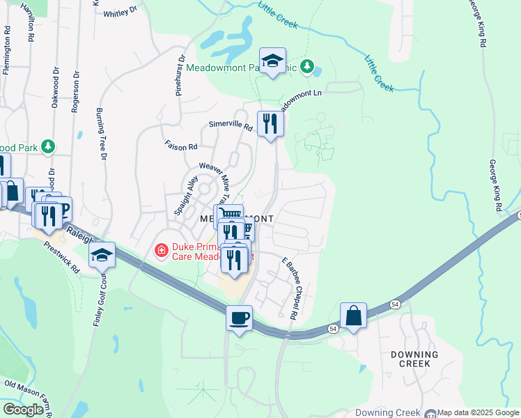 map of restaurants, bars, coffee shops, grocery stores, and more near 225 Meadowmont Lane in Chapel Hill